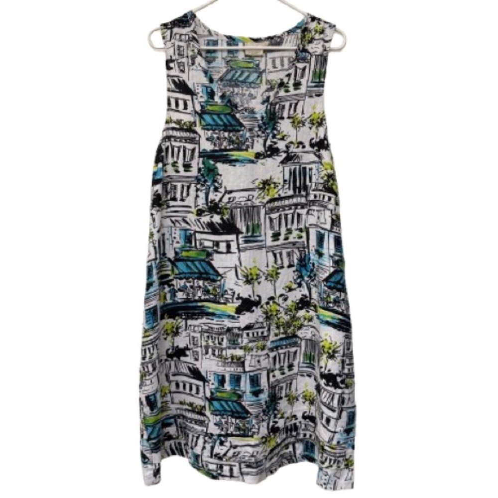 Lantana 100% Linen Dress Sleeveless Tank Paris City Street Scene Large New NWT